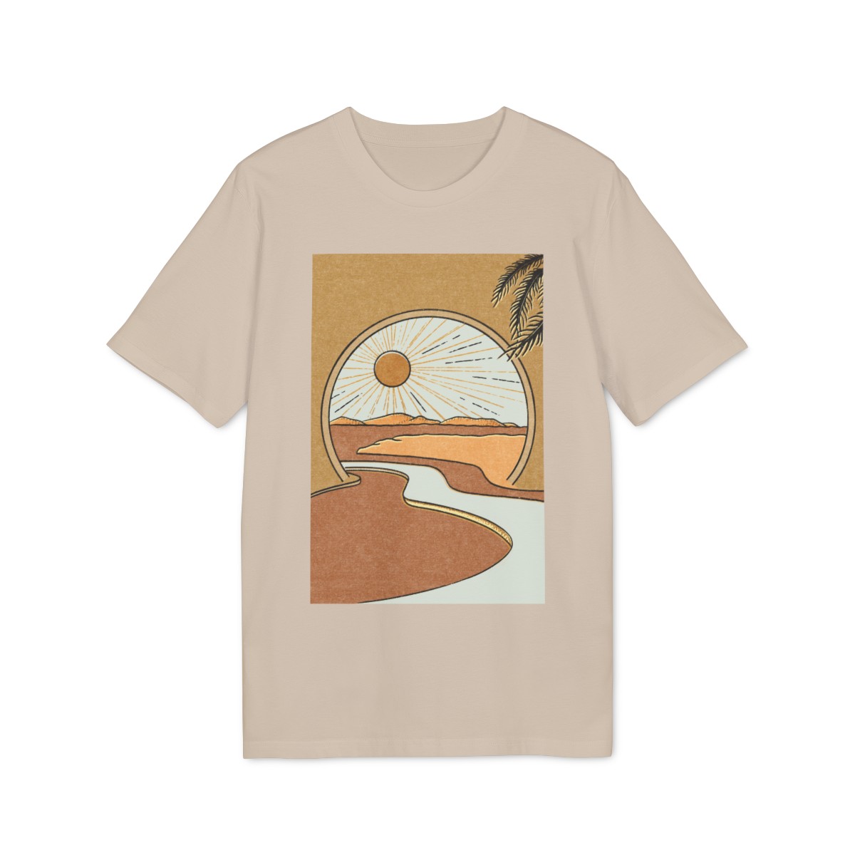 t shirt unisex in cotone organico con illustrazione astratta deserto con fiume e sole 1750243670 51178
