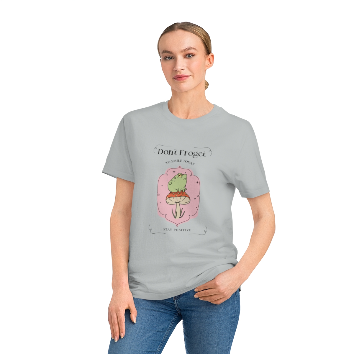 t shirt donna in cotone organico con rana dont froget to smile today 1750243387 56531